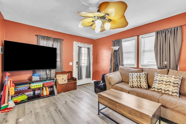 living room with ceiling fan and light hardwood / wood-style flooring