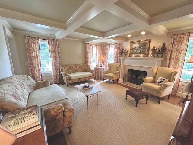 148 Scantic Rd, Hampden, MA 01036 - living room featuring coffered ceiling, healthy amount of natural light, a fireplace, beam ceiling, and ornamental molding