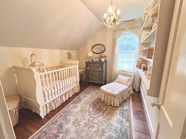 148 Scantic Rd, Hampden, MA 01036 - bedroom with vaulted ceiling, wood finished floors, a chandelier, and wallpapered walls