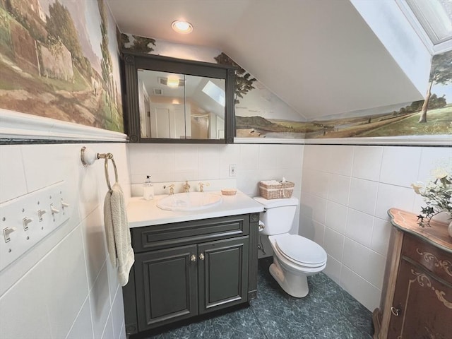 148 Scantic Rd, Hampden, MA 01036 - bathroom with tile walls, vaulted ceiling, and vanity