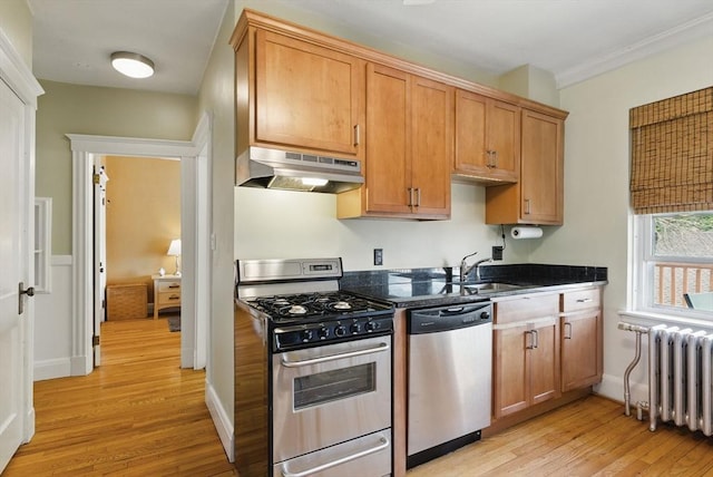 6-R Hazel Ter Unit 6, Salem, MA 01970 - kitchen with appliances with stainless steel finishes, radiator, under cabinet range hood, light wood-style flooring, and dark countertops
