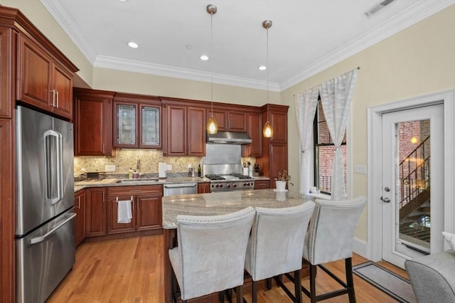 kitchen featuring under cabinet range hood, light wood-style flooring, high quality appliances, and a sink