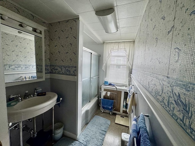 39 Newbury Ave, Quincy, MA 02171 - full bathroom featuring wainscoting, wallpapered walls, and shower / bath combination with glass door