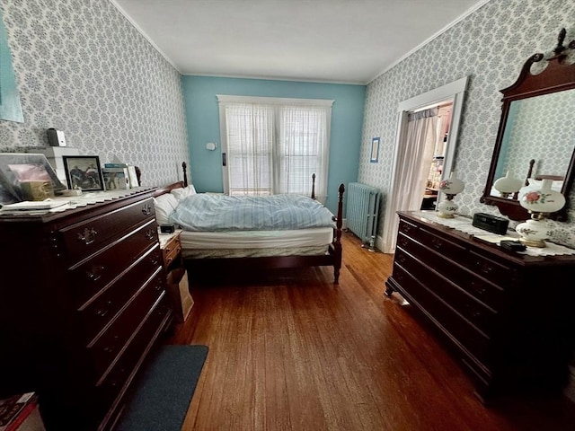 39 Newbury Ave, Quincy, MA 02171 - bedroom featuring wallpapered walls, crown molding, radiator heating unit, and dark wood-type flooring