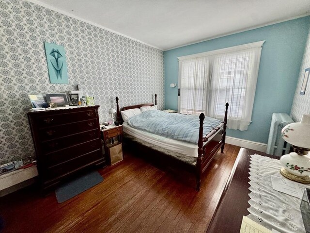39 Newbury Ave, Quincy, MA 02171 - bedroom with wallpapered walls, hardwood / wood-style floors, crown molding, baseboards, and radiator heating unit
