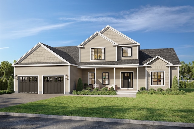 view of front facade featuring a front lawn, a garage, and a porch