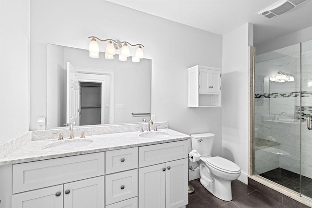 203 Middle St Unit 6, Weymouth, MA 02189 - full bathroom with double vanity, toilet, a stall shower, and tile patterned floors