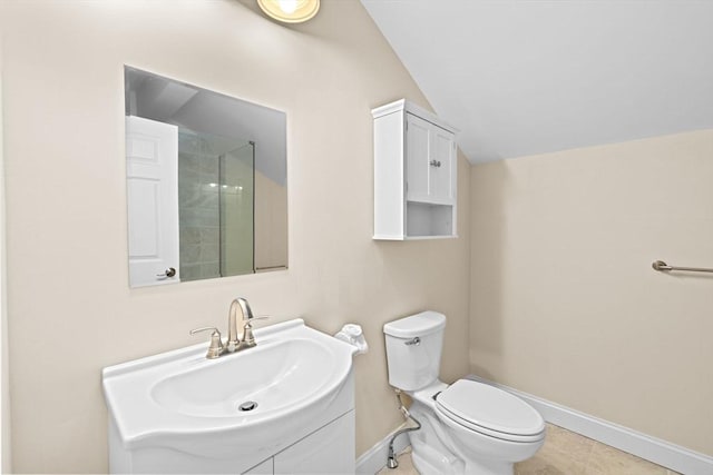 203 Middle St Unit 6, Weymouth, MA 02189 - full bathroom with vanity, lofted ceiling, baseboards, toilet, and a tile shower