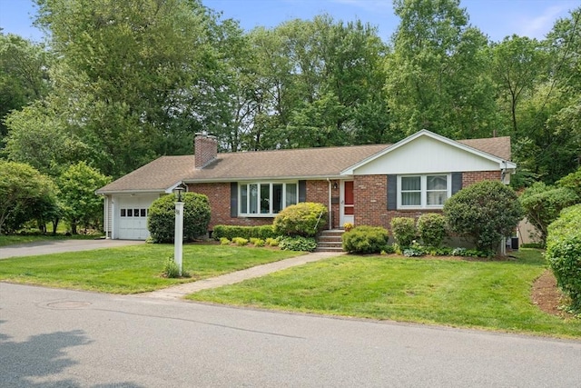 88 Chickering Rd, Dedham, MA 02026 - single story home with driveway, a chimney, a garage, brick siding, and a front yard