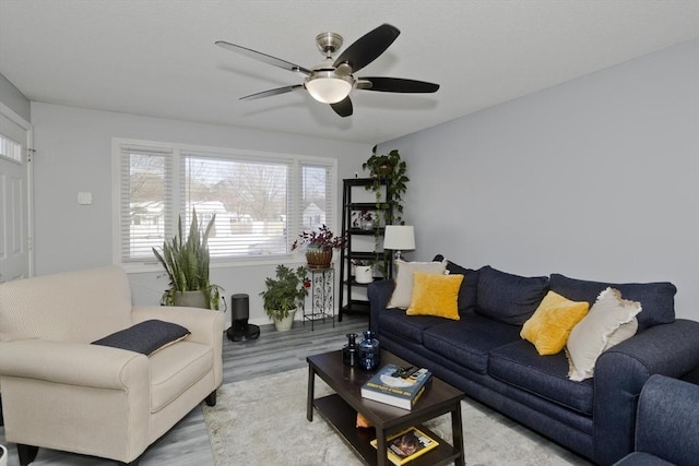 living room with light hardwood / wood-style flooring and ceiling fan