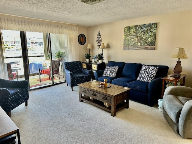 living room featuring light carpet and a textured ceiling