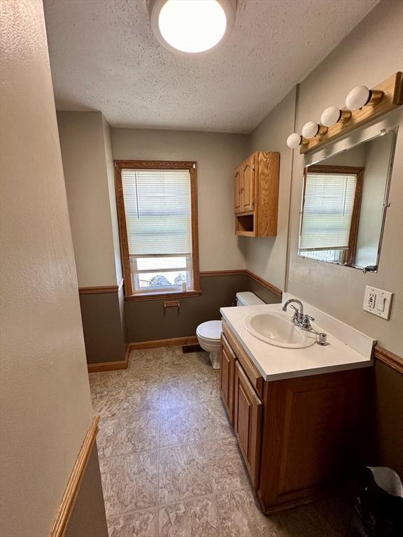 bathroom with toilet, a textured ceiling, and vanity