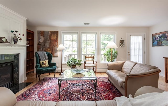 21 Harbor Mist Dr Unit 21, Fairhaven, MA 02719 - living area with a high end fireplace, wood finished floors, and a baseboard heating unit