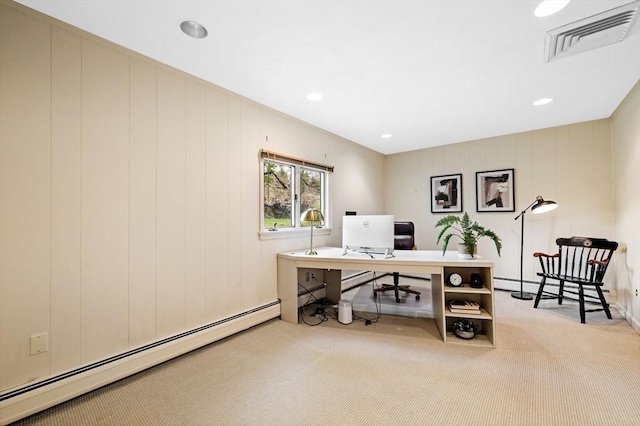 home office with a baseboard heating unit, visible vents, recessed lighting, a baseboard radiator, and carpet floors