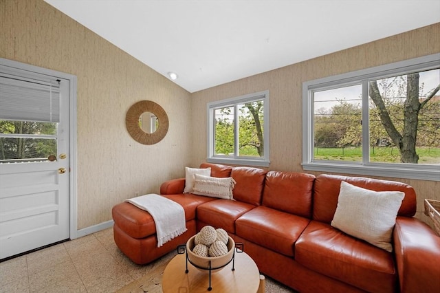 living room featuring baseboards and vaulted ceiling