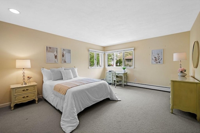 carpeted bedroom with a baseboard heating unit, baseboards, and recessed lighting