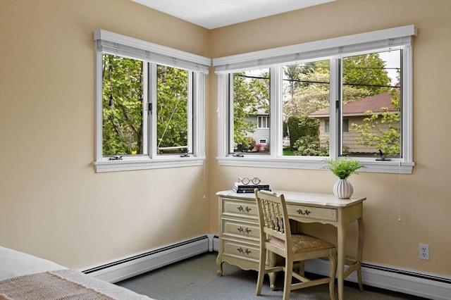 office area featuring carpet flooring, plenty of natural light, and baseboard heating