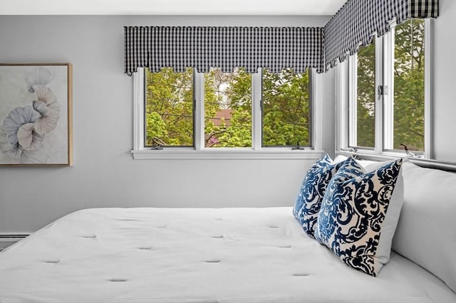 bedroom with a baseboard radiator and multiple windows
