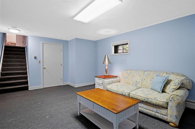 carpeted living room featuring stairway and baseboards
