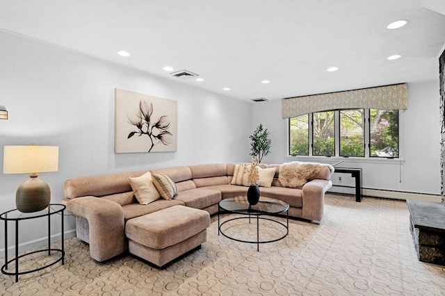 living area with a baseboard heating unit, recessed lighting, and visible vents