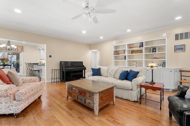 4 Crestwood, Marblehead, MA 01945 - living area featuring light wood-style flooring, a ceiling fan, a chandelier, recessed lighting, and baseboards