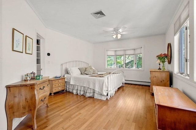 4 Crestwood, Marblehead, MA 01945 - bedroom with a baseboard heating unit, light wood-style floors, crown molding, and ceiling fan