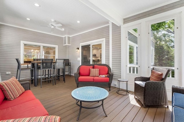 4 Crestwood, Marblehead, MA 01945 - wooden terrace with outdoor lounge area, a ceiling fan, and outdoor dining area