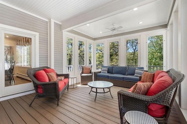 4 Crestwood, Marblehead, MA 01945 - sunroom / solarium featuring hardwood / wood-style flooring, plenty of natural light, a baseboard radiator, beam ceiling, and recessed lighting