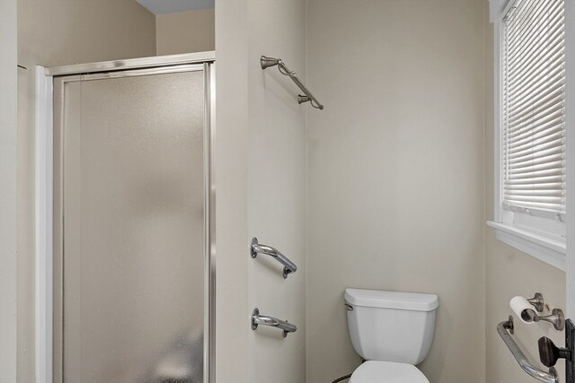 bathroom with a shower with shower door, a healthy amount of sunlight, and toilet