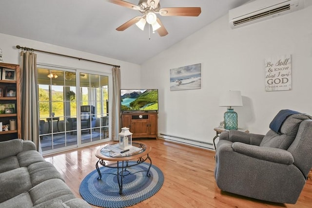 living area featuring lofted ceiling, ceiling fan, wood finished floors, an AC wall unit, and a baseboard heating unit