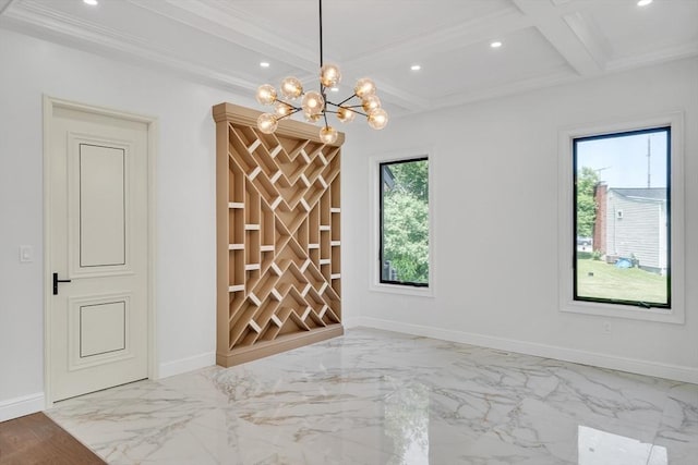 unfurnished room featuring crown molding, beamed ceiling, coffered ceiling, and an inviting chandelier