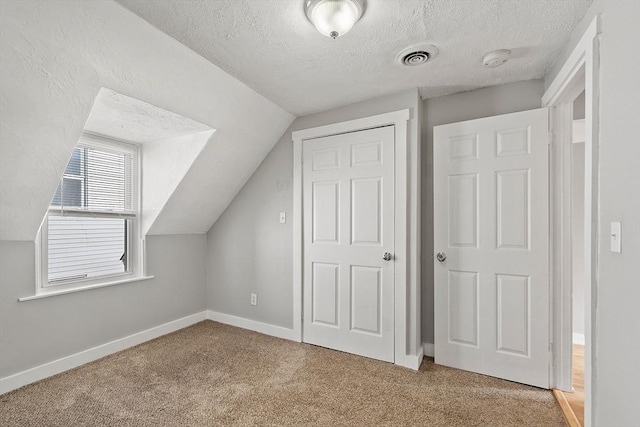 additional living space featuring baseboards, a textured ceiling, carpet, and vaulted ceiling