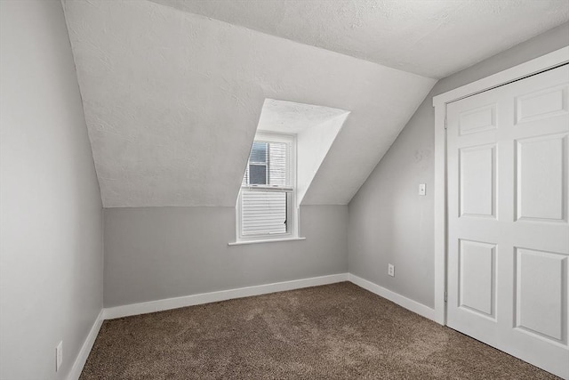 additional living space with lofted ceiling, carpet, baseboards, and a textured ceiling