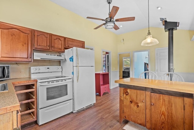 49 Boathouse Rd, Groton, MA 01450 - kitchen featuring under cabinet range hood, white appliances, a ceiling fan, wood finished floors, and lofted ceiling