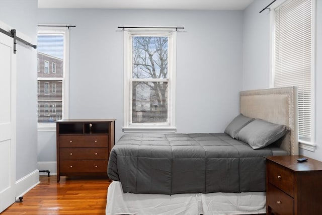 bedroom with wood finished floors, multiple windows, a barn door, and baseboards