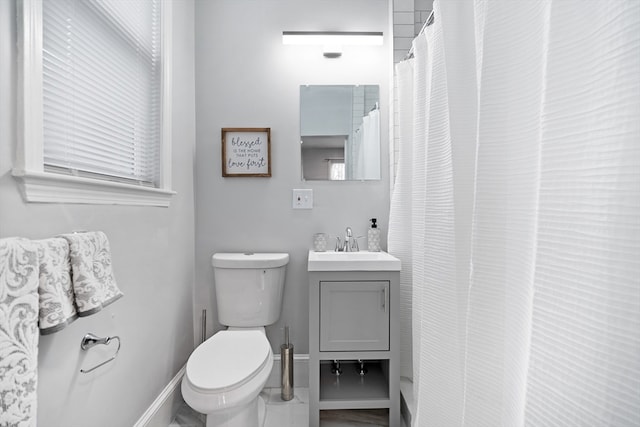 bathroom featuring vanity, toilet, and walk in shower