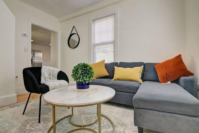 living area featuring plenty of natural light, baseboards, and light wood-style floors