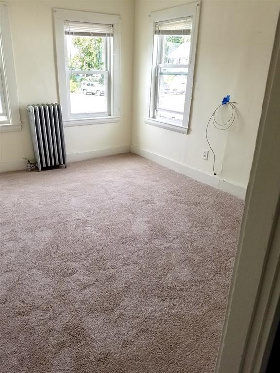 spare room with radiator heating unit and light colored carpet