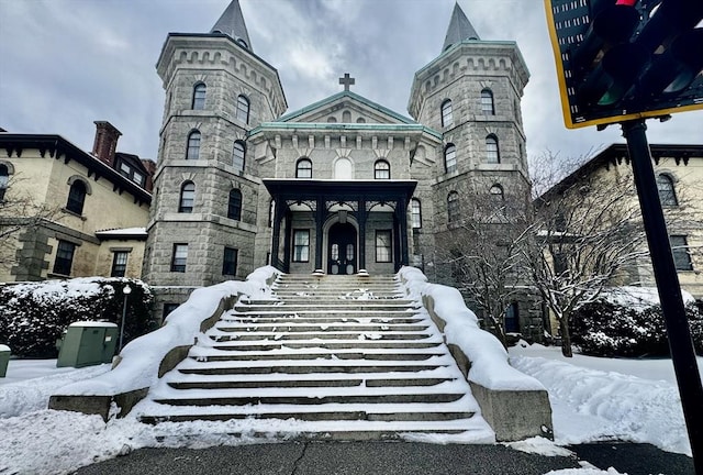 view of snow covered building