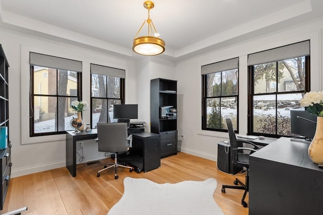 office area featuring light wood-type flooring, a raised ceiling, and plenty of natural light