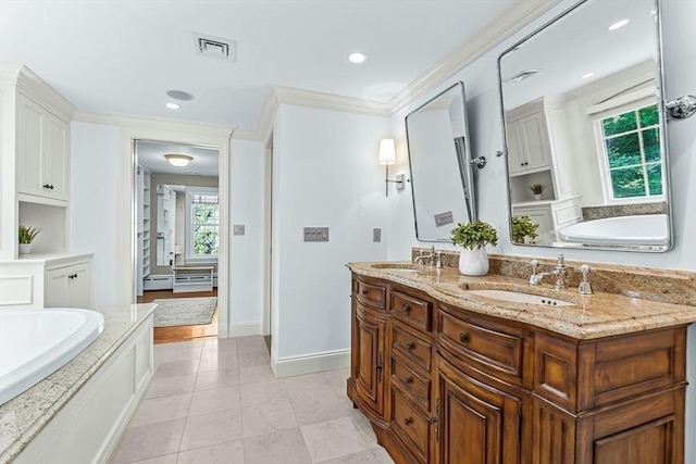 21 Fernway, Winchester, MA 01890 - full bathroom with double vanity, a bath, baseboards, tile patterned floors, and ornamental molding