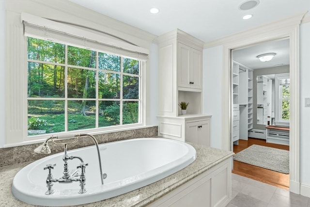 21 Fernway, Winchester, MA 01890 - full bathroom featuring a bath, a baseboard radiator, and recessed lighting