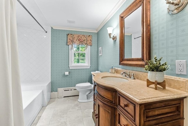 21 Fernway, Winchester, MA 01890 - bathroom with a baseboard radiator, crown molding, vanity, toilet, and shower / tub combo with curtain