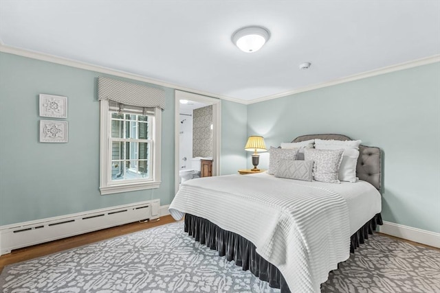 21 Fernway, Winchester, MA 01890 - bedroom featuring a baseboard radiator, wood finished floors, crown molding, baseboards, and ensuite bath