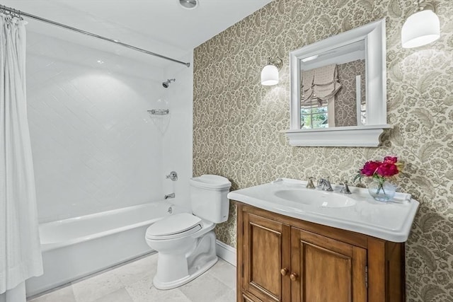 21 Fernway, Winchester, MA 01890 - bathroom featuring shower / bath combination with curtain, wallpapered walls, vanity, toilet, and baseboards
