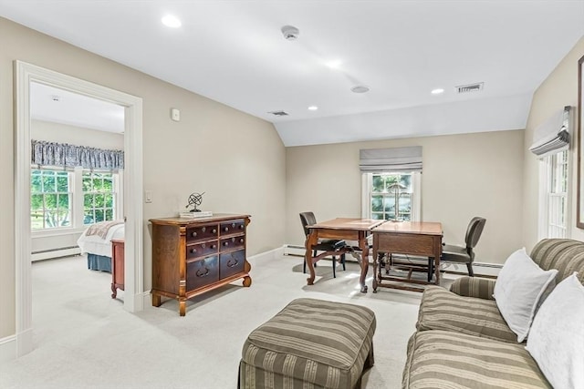 21 Fernway, Winchester, MA 01890 - living area with a baseboard heating unit, plenty of natural light, light carpet, lofted ceiling, and recessed lighting