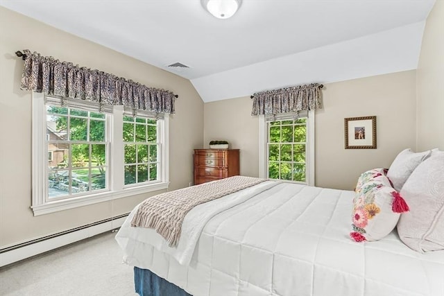 21 Fernway, Winchester, MA 01890 - bedroom featuring lofted ceiling, a baseboard radiator, multiple windows, and carpet floors