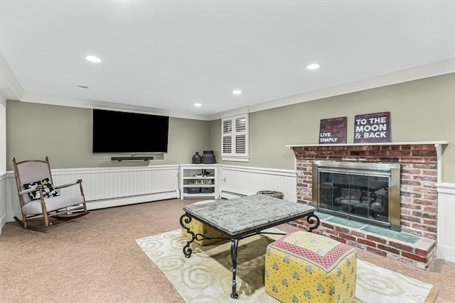 21 Fernway, Winchester, MA 01890 - living room featuring crown molding, carpet, wainscoting, a baseboard heating unit, and recessed lighting
