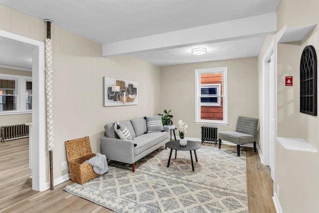 living room with ornamental molding, radiator, and light hardwood / wood-style flooring