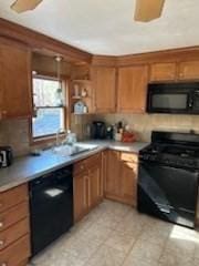 kitchen with black appliances, brown cabinetry, light countertops, and a sink